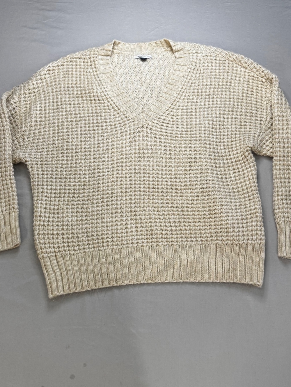 American Eagle Women’s L Cream Chunky Knit V Neck Sweater Preppy Y2K